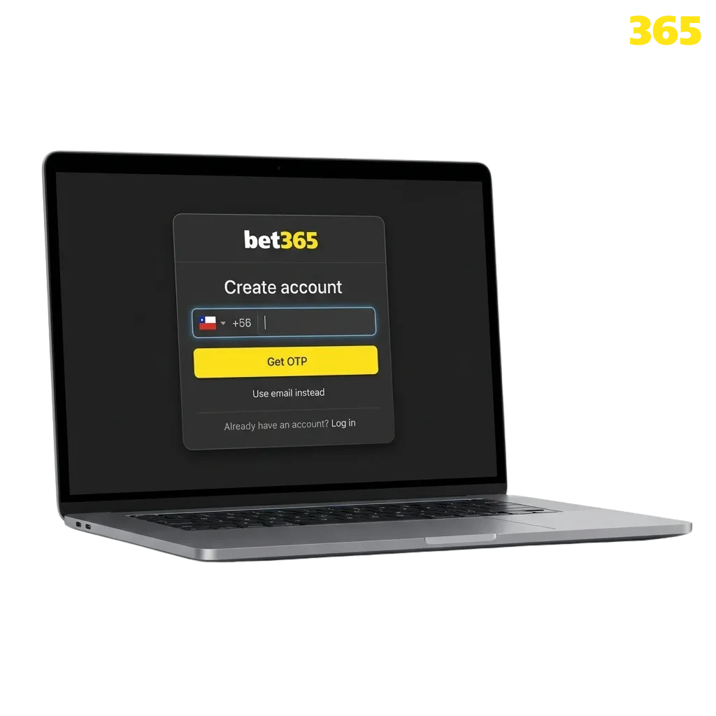 Pantalla de registro en Bet365 Chile mostrando opciones de creación de cuenta y acceso a casino y apuestas deportivas