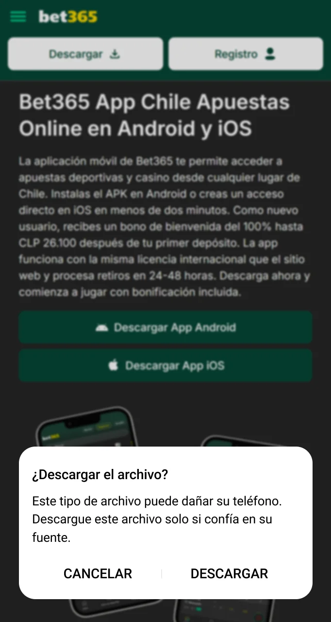 Permita que se descargue el archivo de la aplicación Bet365.