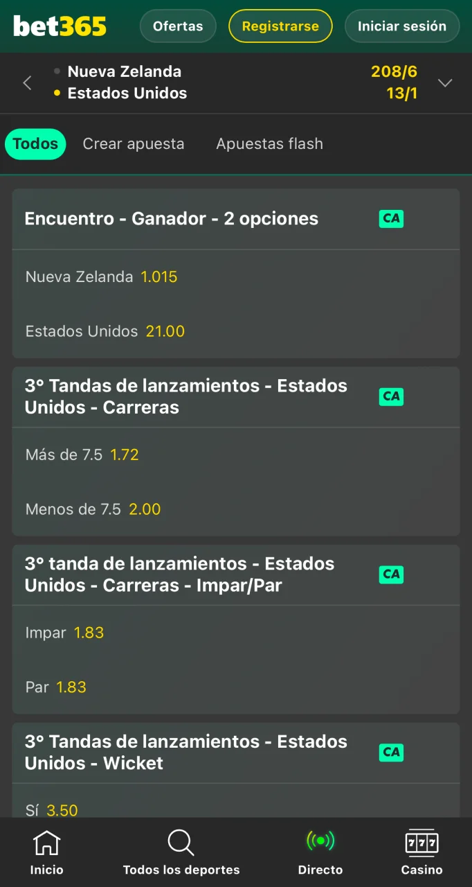 Elige el mercado y las cuotas más atractivas para apostar en la app de Bet365.