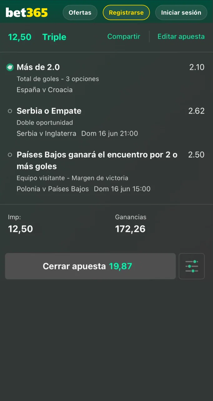 Introduzca el importe de su apuesta en el boleto de apuestas en la aplicación Bet365.