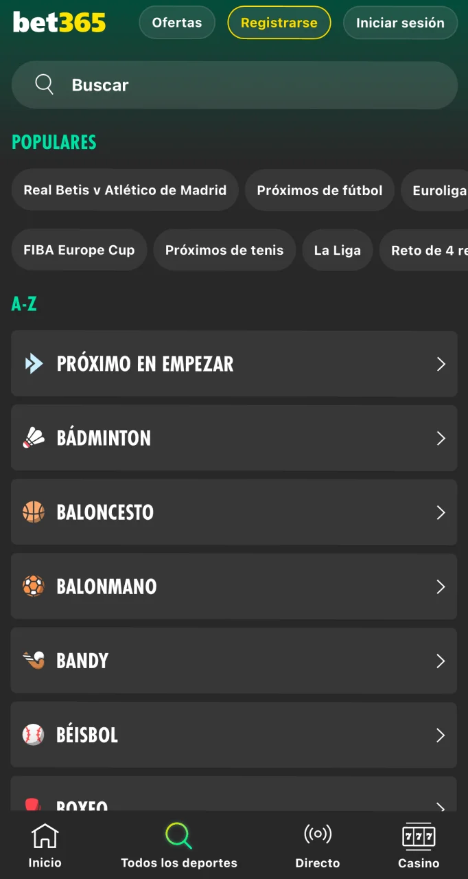 Selecciona un deporte en la aplicación de Bet365 para comenzar a apostar.