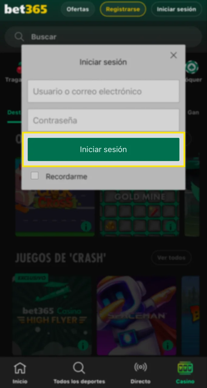 Confirme su inicio de sesión en la aplicación Bet365.