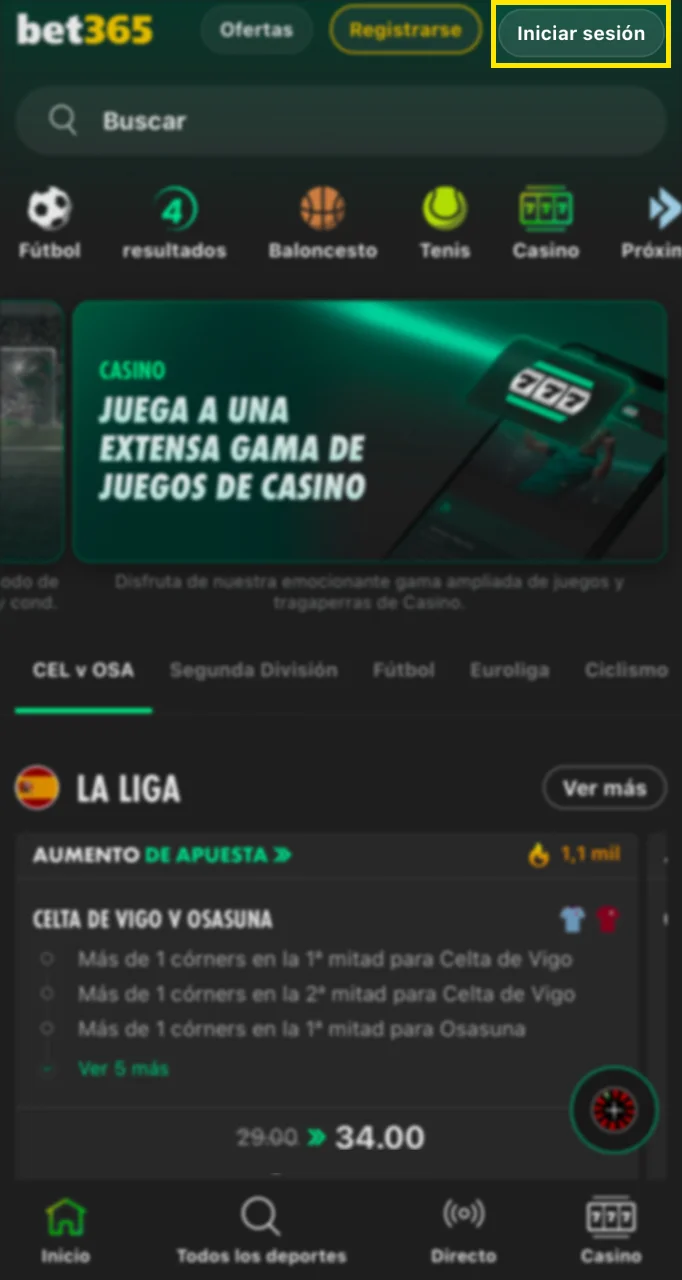 Haga clic en el botón en la esquina superior de la página para comenzar a iniciar sesión en el sitio web de Bet365.