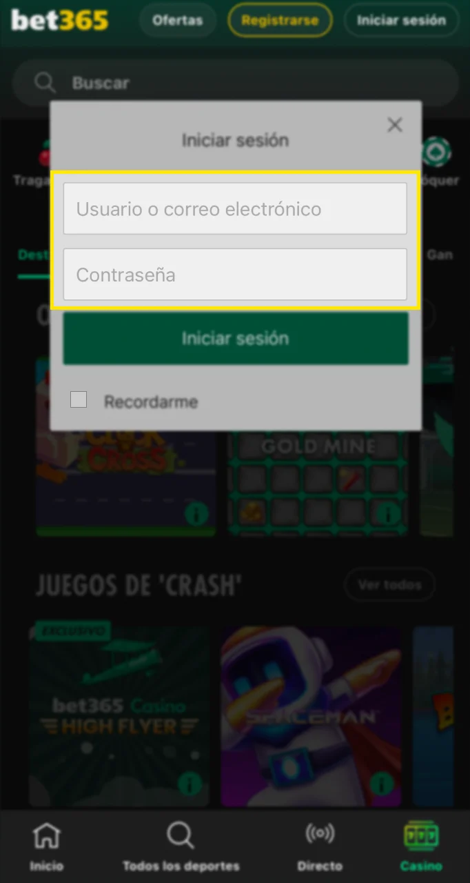 Introduce tu usuario y contraseña para acceder a tu cuenta Bet365.
