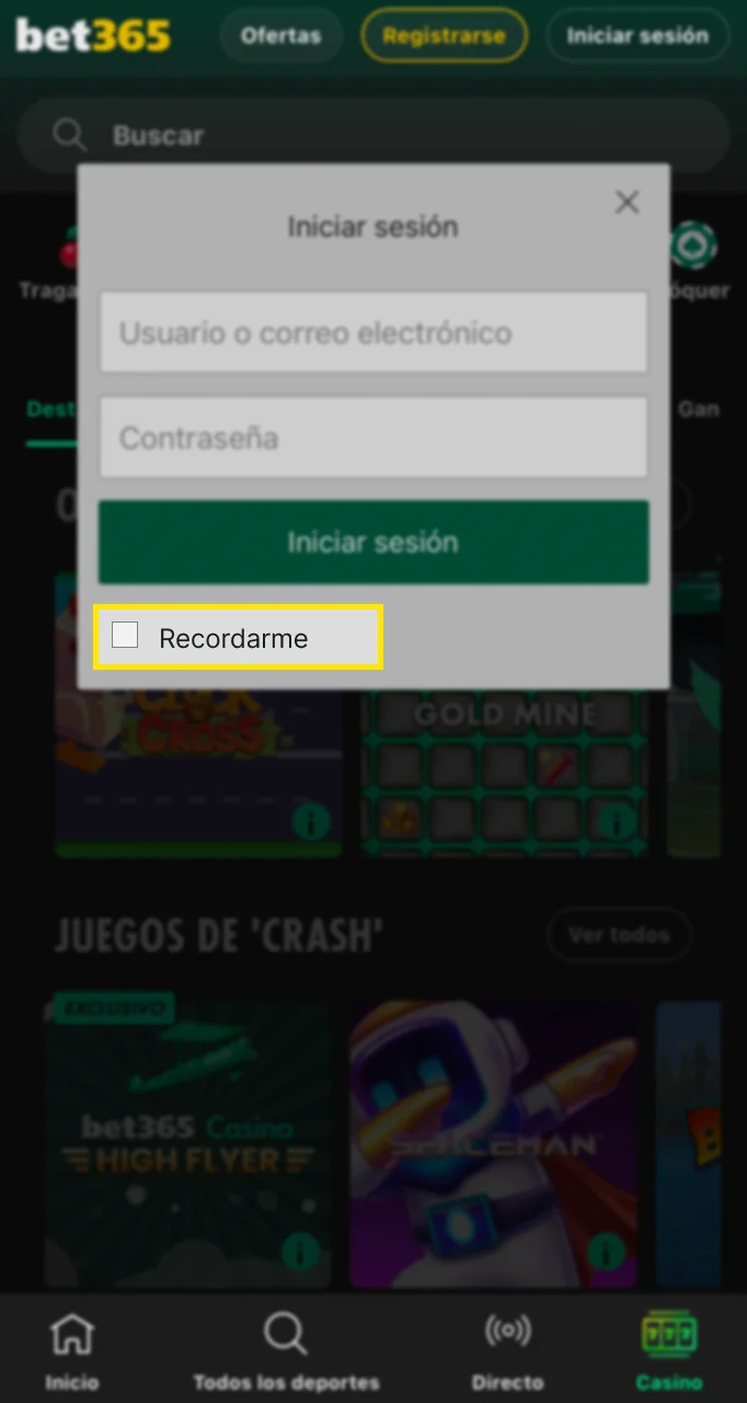 Marque la casilla para recordarme en Bet365.
