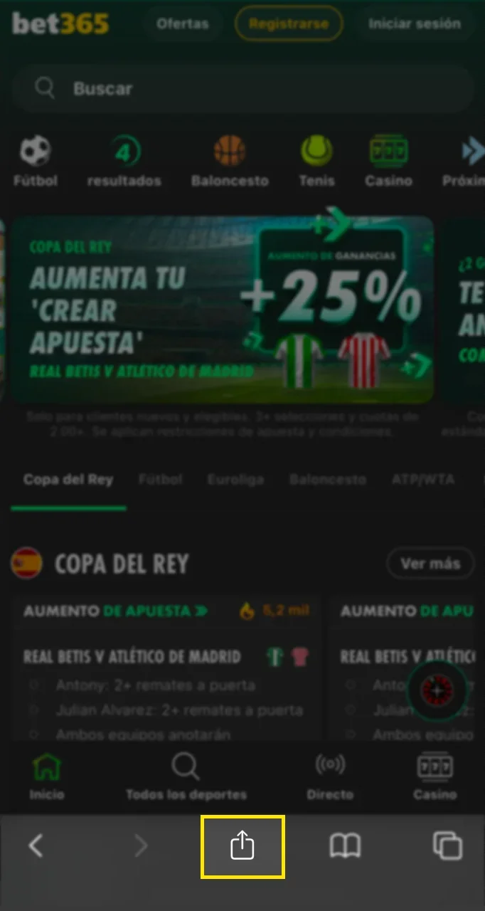 Selecciona compartir en la parte inferior de la página para instalar Bet365 en tu iPhone.