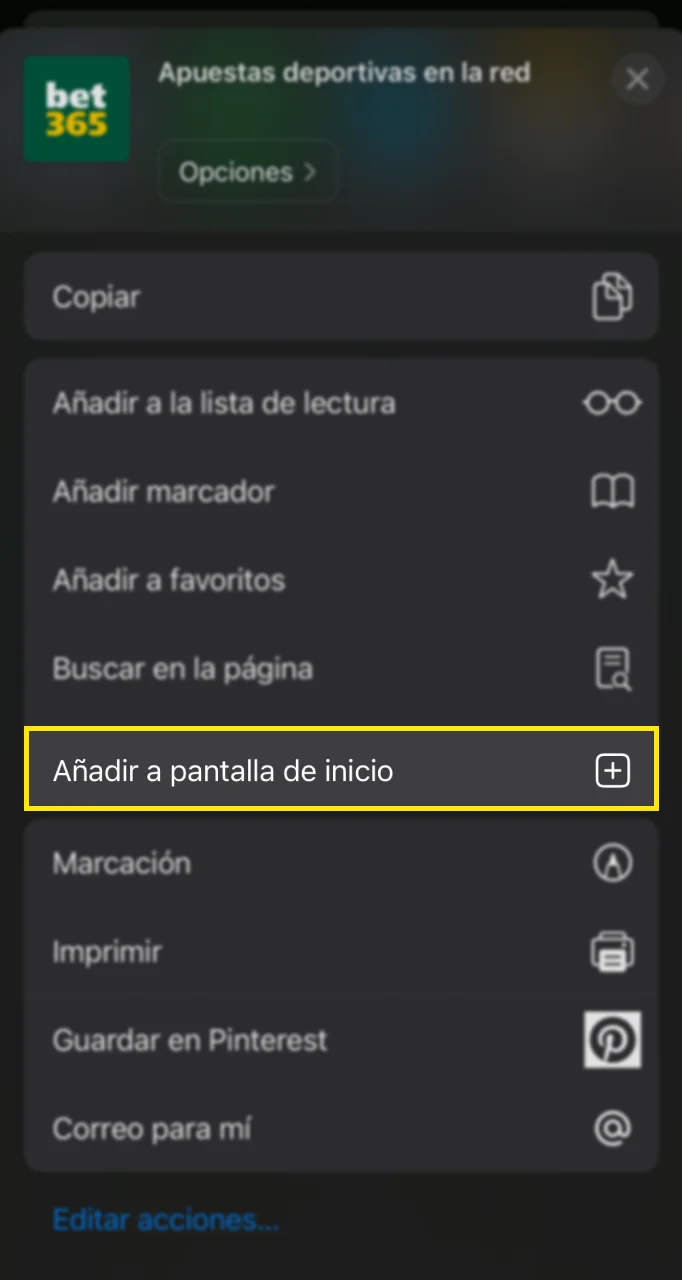 Seleccione Compartir en pantalla de inicio para que el ícono de la aplicación Bet365 aparezca en su pantalla de inicio.
