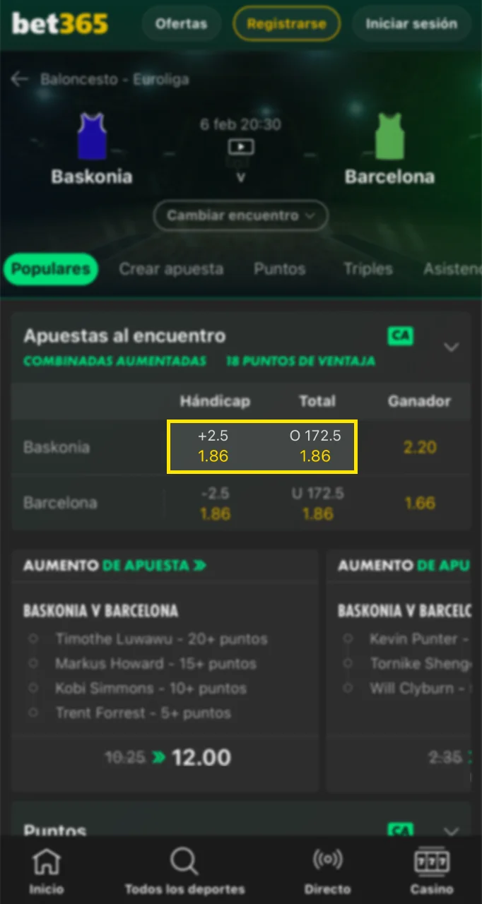 Elige un mercado para apostar en un partido de baloncesto en Bet365.