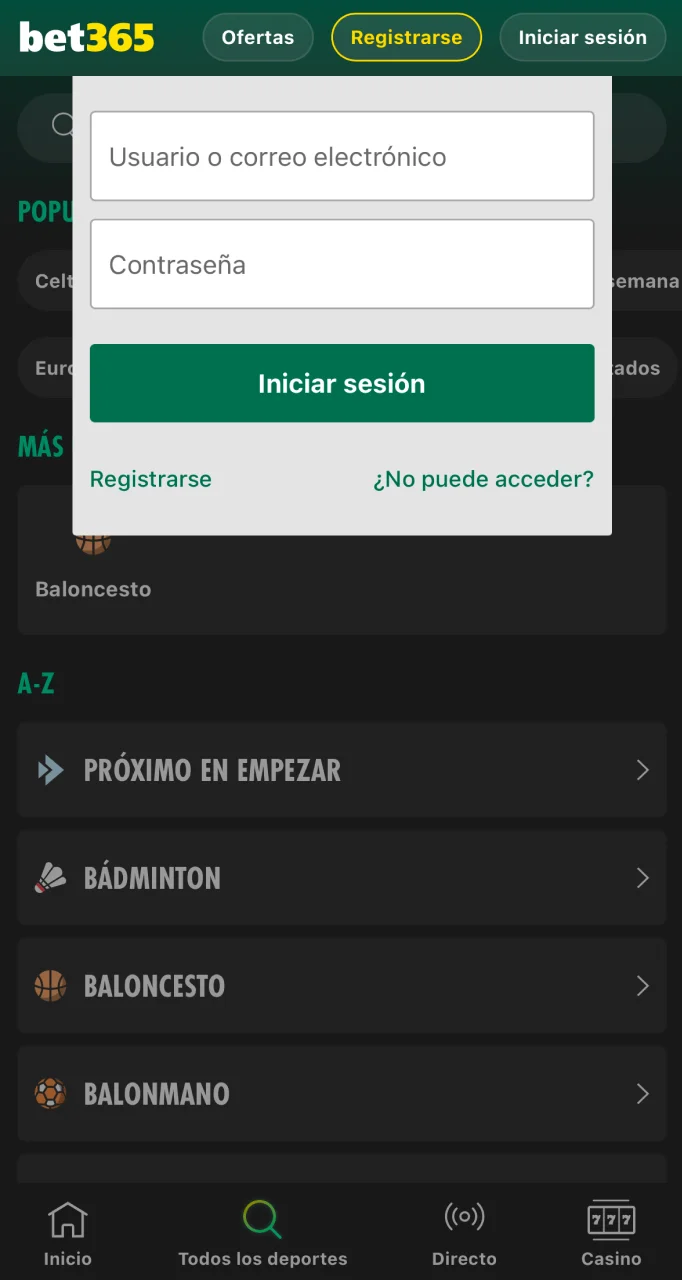 Inicie sesión en su cuenta de Bet365 para comenzar a apostar en eventos de baloncesto.