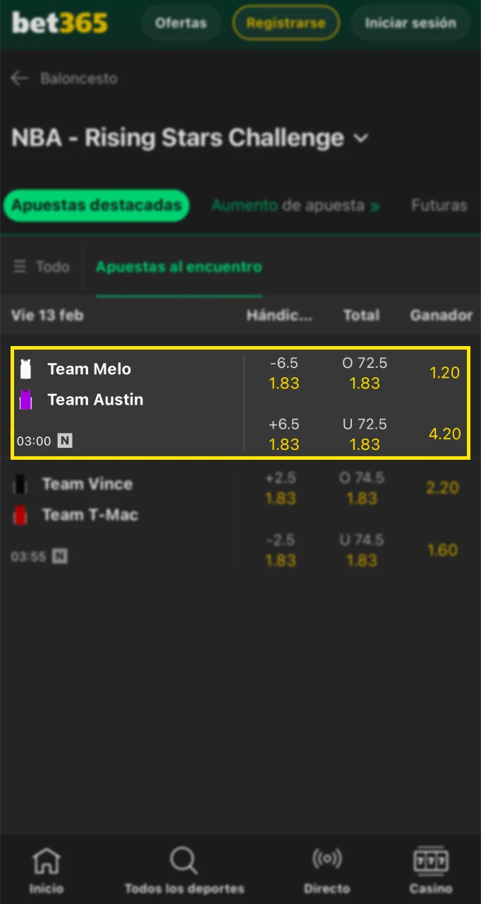 Elige tu partido favorito en la web de Bet365 para realizar una apuesta en baloncesto.