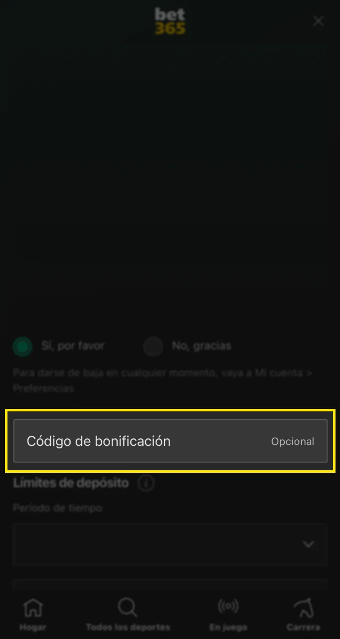 Introduce el código promocional para activar el bono y aprovechar la gran oferta de Bet365.