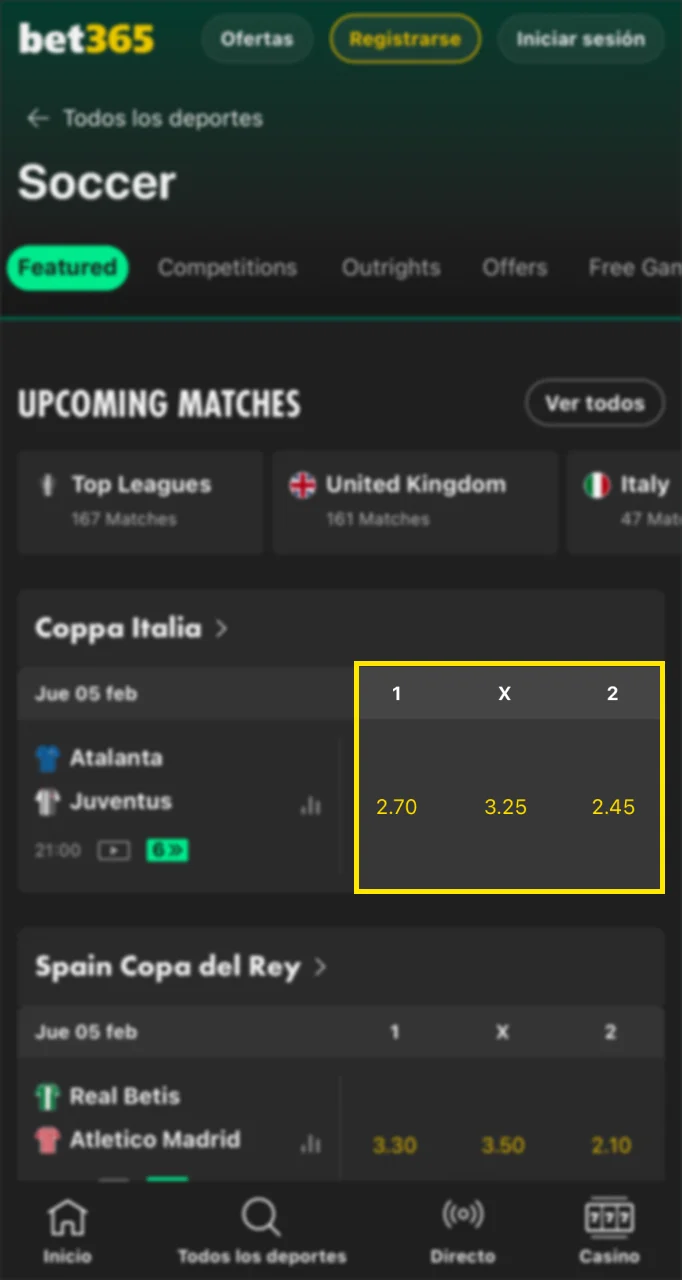 Elige un mercado entre los disponibles en la web de Bet365, por ejemplo, apostar a que un equipo ganará o empatará.