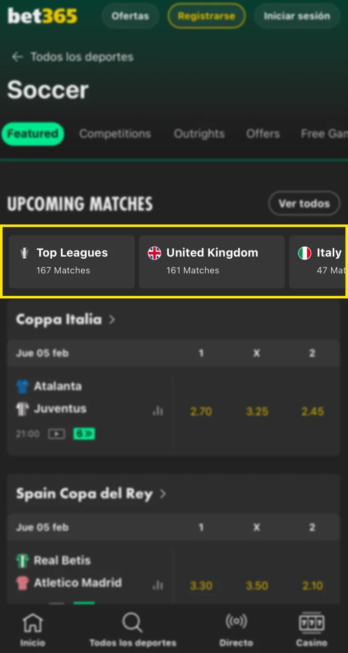 Para realizar una apuesta en fútbol, ​​seleccione una liga y un torneo de los disponibles en el sitio web de Bet365.