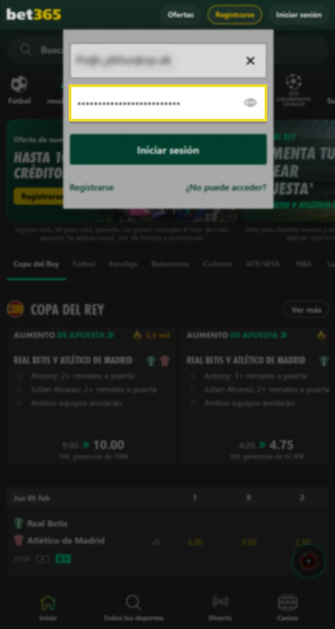 Introduce la contraseña que elegiste durante el proceso de registro en Bet365.