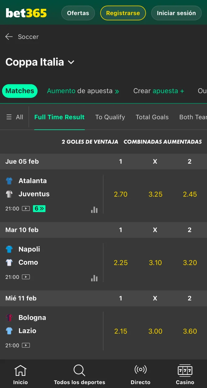 Selecciona un mercado para tu primera apuesta entre los disponibles en el sitio web de Bet365.
