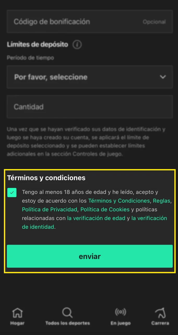 Confirme que está de acuerdo con los términos y condiciones y desea registrar una cuenta Bet365.