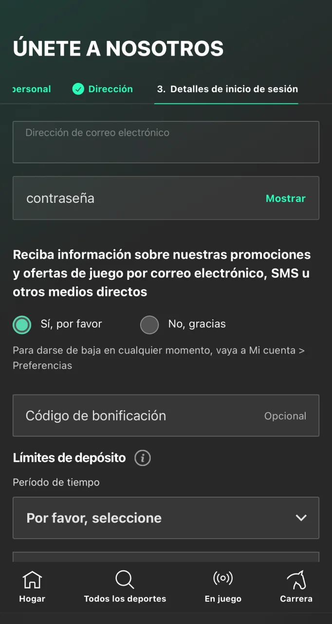 Crea un usuario y contraseña para acceder a la plataforma Bet365.