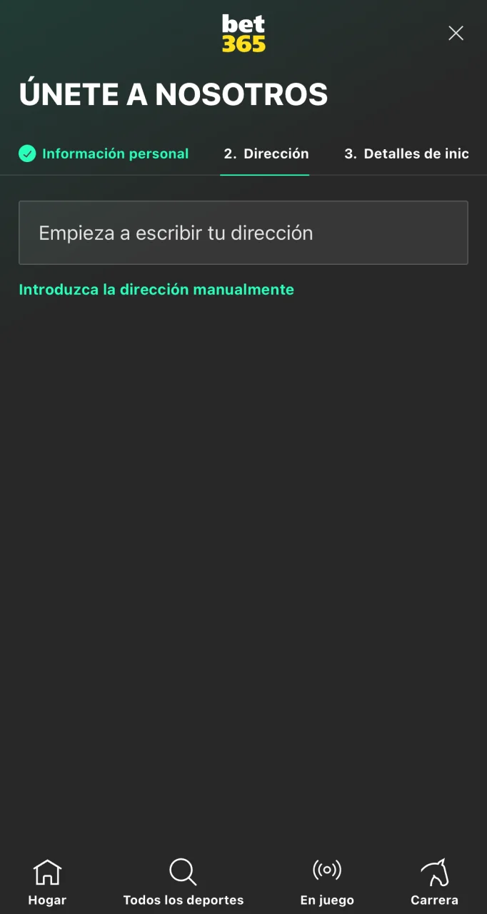 Complete el campo de dirección durante el proceso de registro en el sitio web de Bet365.