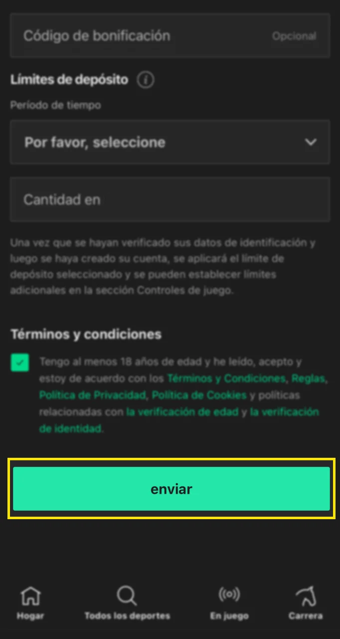 Acepta los términos y condiciones y confirma tu registro en la web de Bet365.