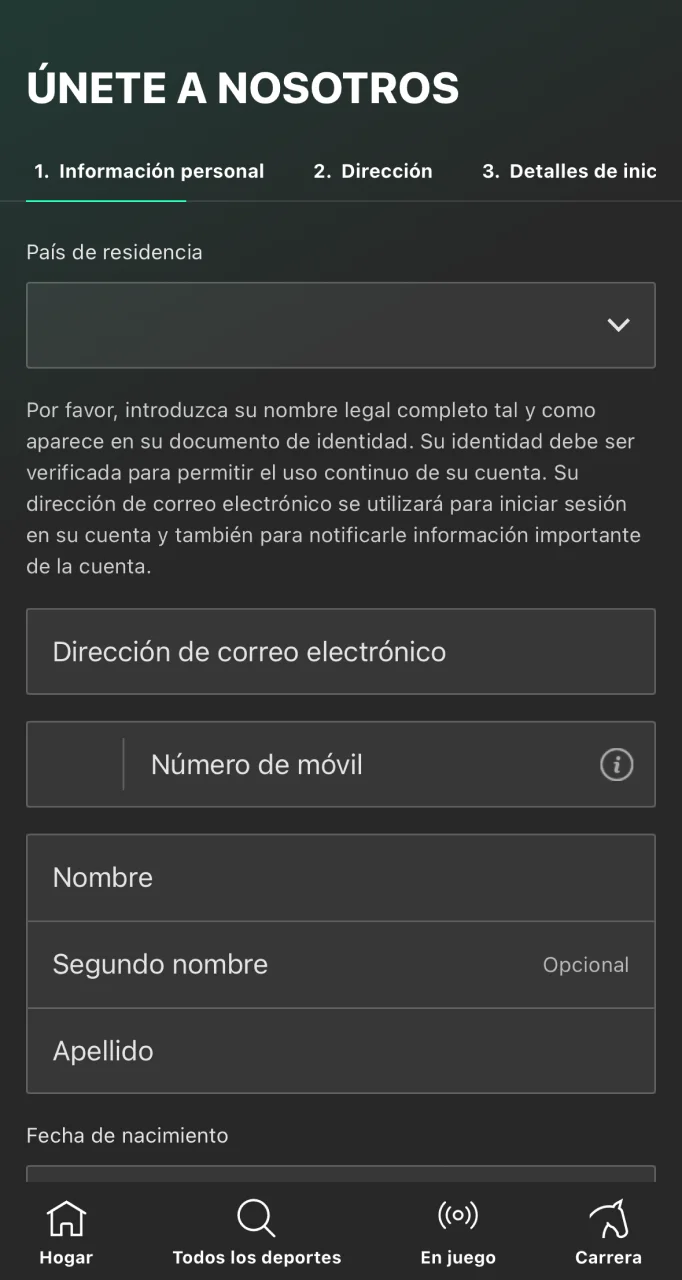 Llena el formulario con tus datos personales para registrarte en la web de Bet365.