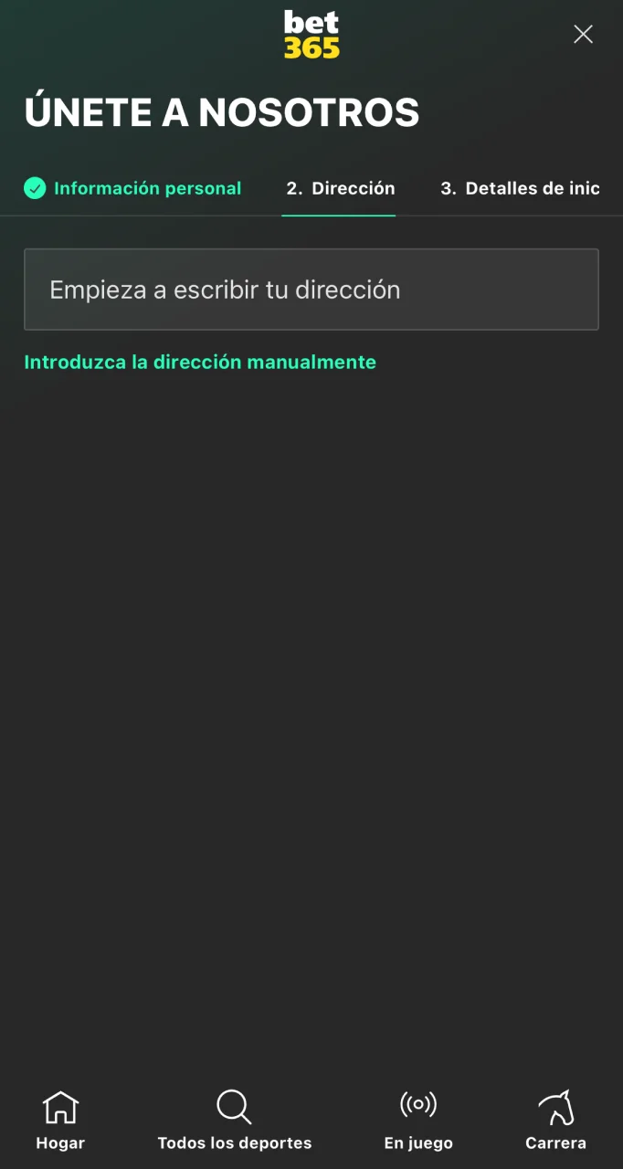 Introduzca su dirección en el formulario de registro en el sitio web de Bet365.