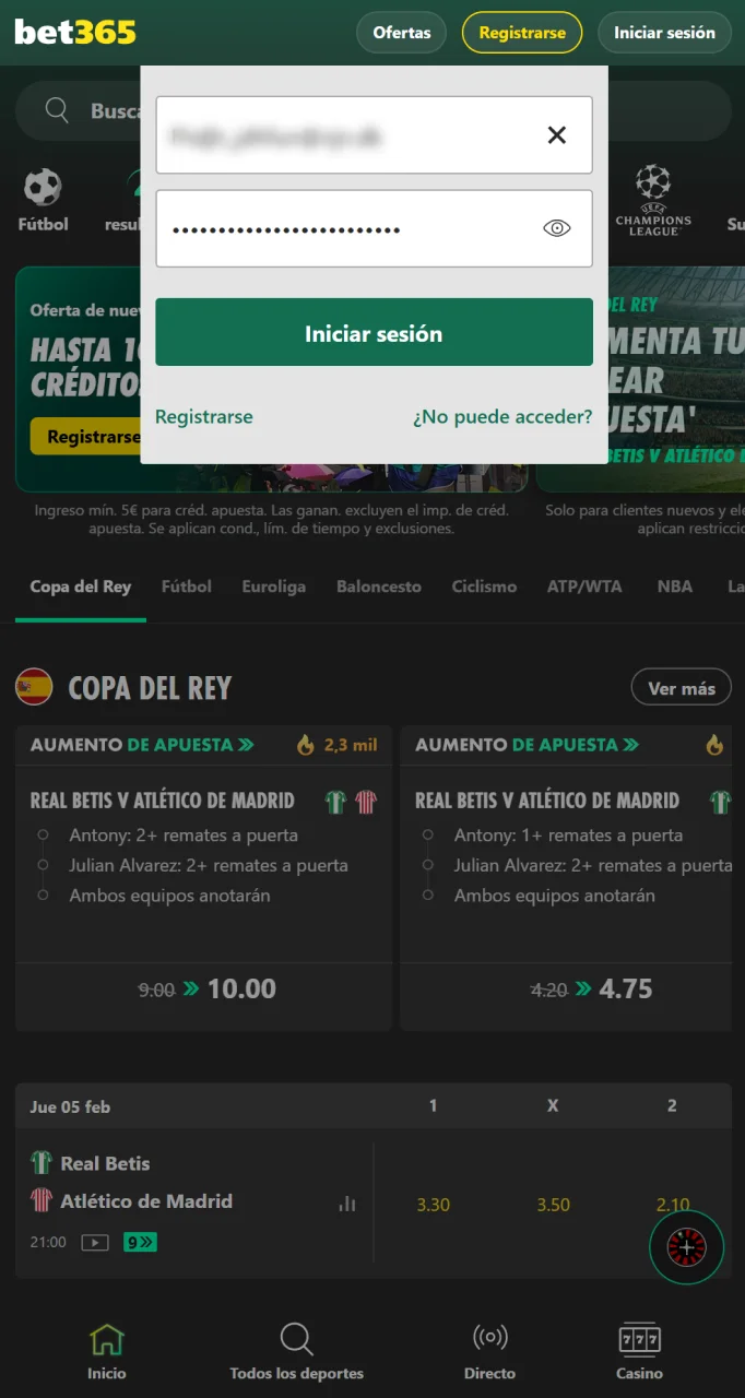 Inicie sesión en su cuenta de Bet365 para comenzar el proceso de eliminación.