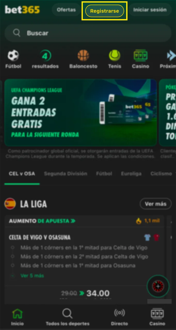 Haga clic en el botón en el sitio web de Bet365 y comience el proceso de registro.