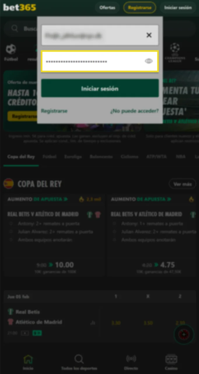 Introduzca la contraseña de su cuenta Bet365.