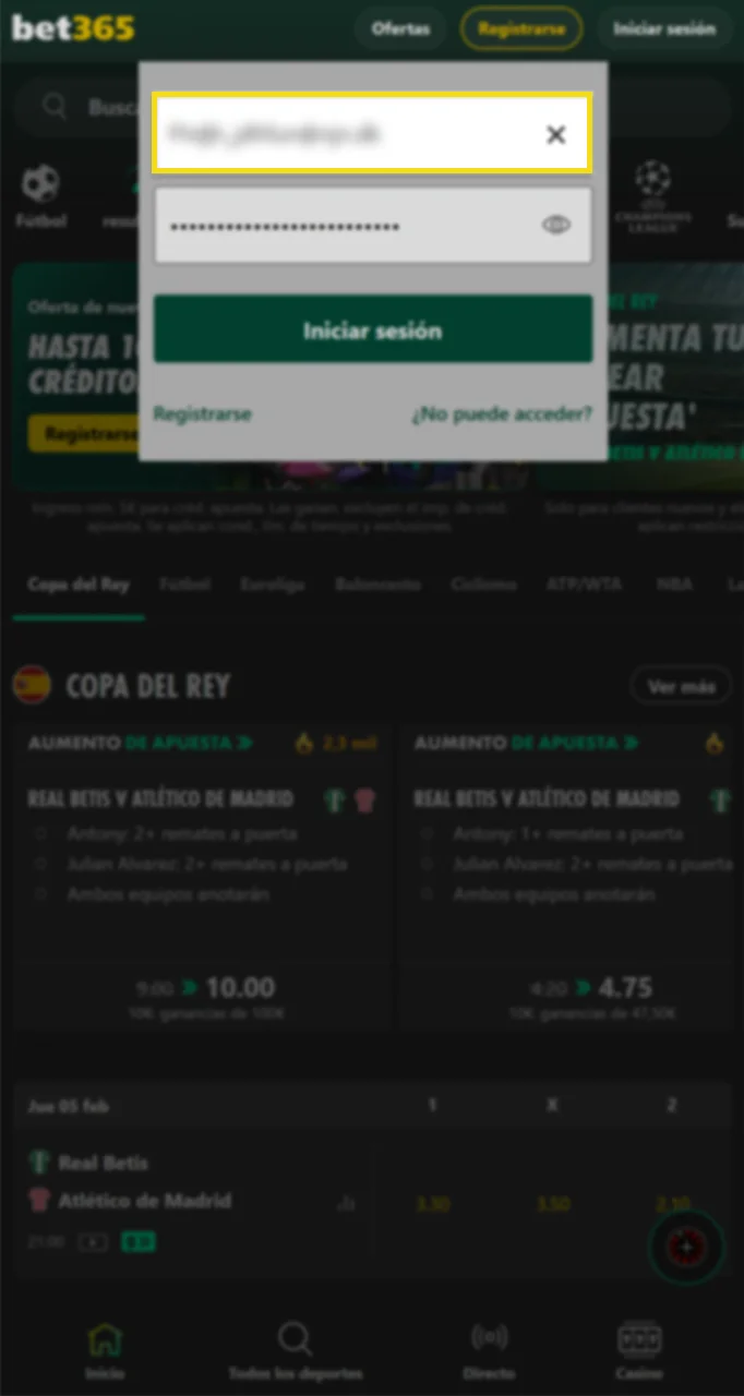 Introduzca su dirección de correo electrónico para iniciar sesión en el sitio web de la casa de apuestas Bet365.